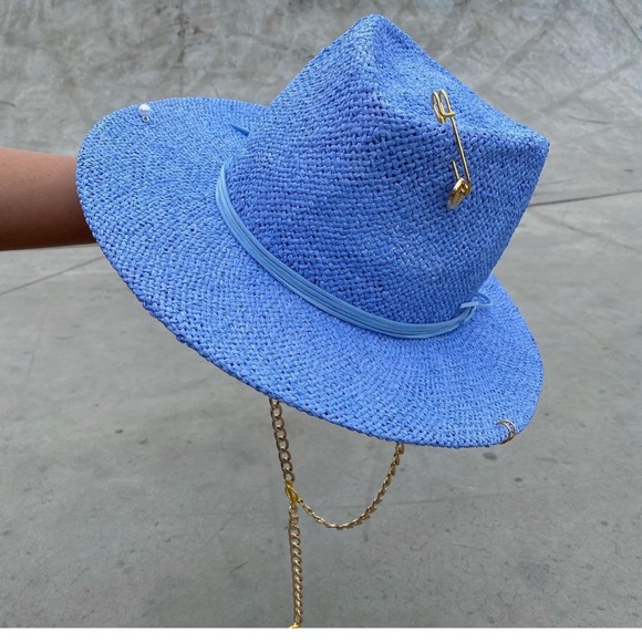 Audrey Style Raffia Blue Sunhat With Chain And Pin Women\'s Straw Panama Hat 55cm